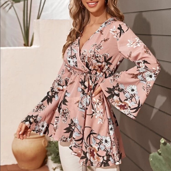 Boho floral print v neck bell sleeve top - Picture 5 of 5